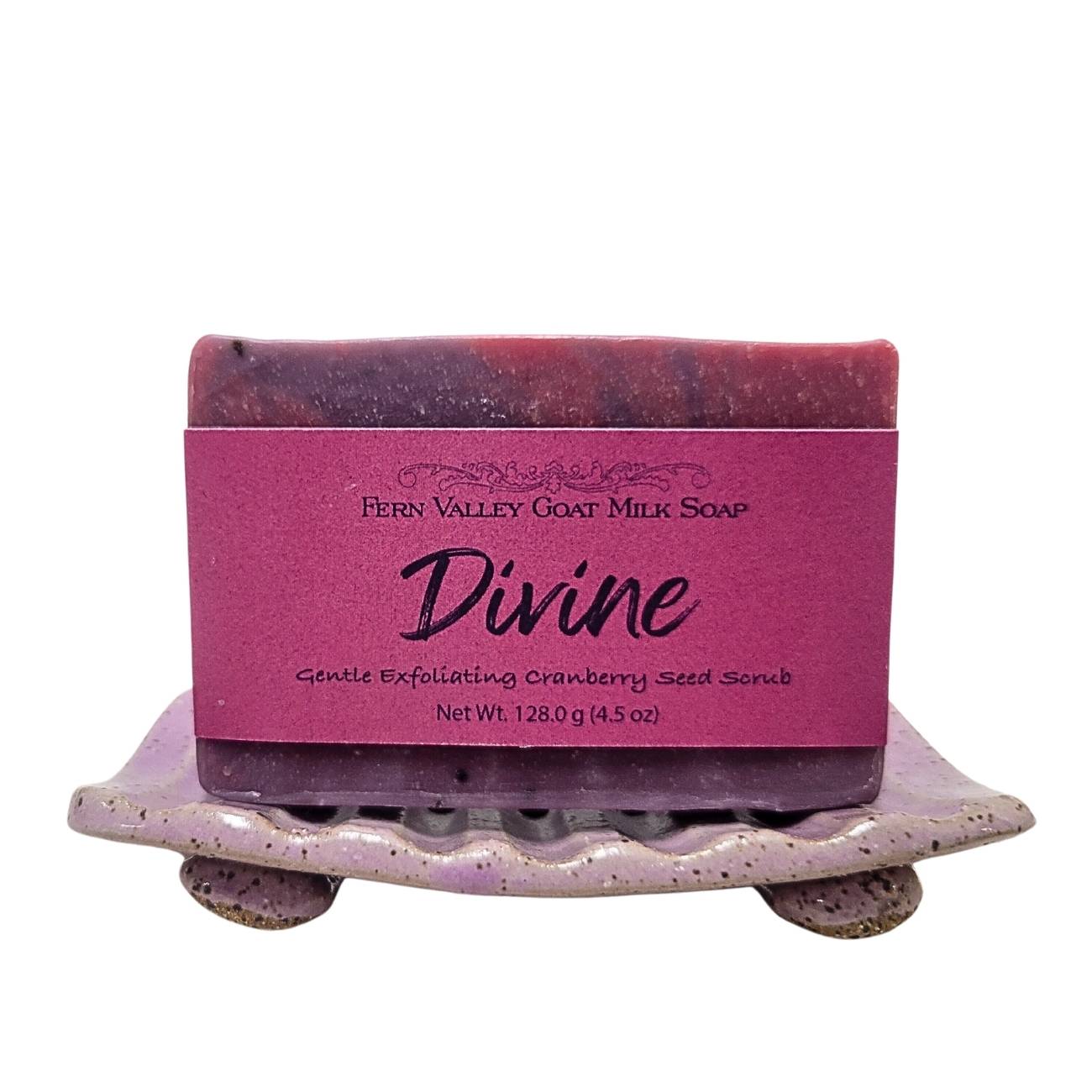 Fern Valley Soap natural goat milk soap with exfoliating cranberry seed scrub and musky floral scent, shown in the image.