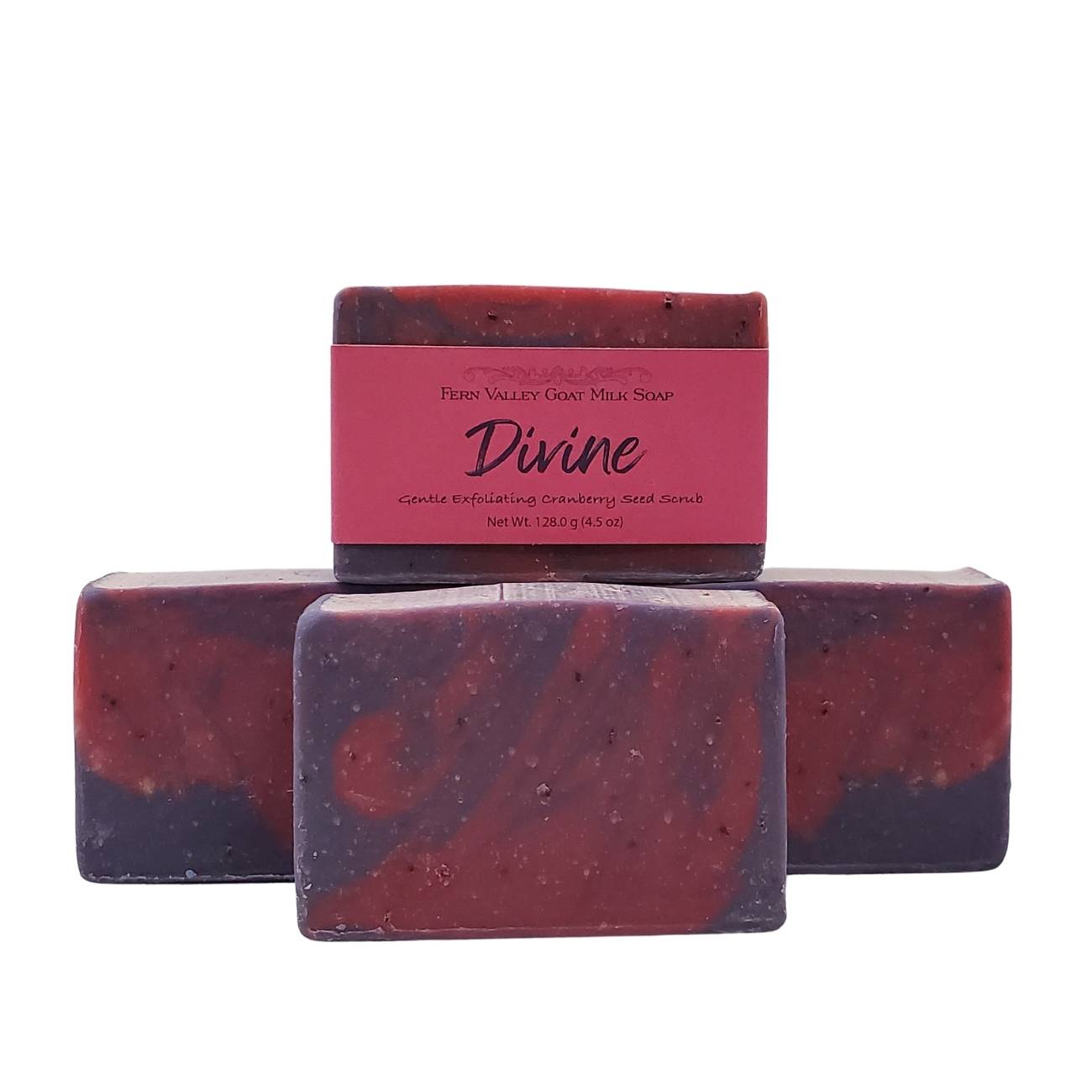 Fern Valley Soap natural goat milk soap with cranberry seed exfoliants and musky floral scent, showcasing the soap bar.