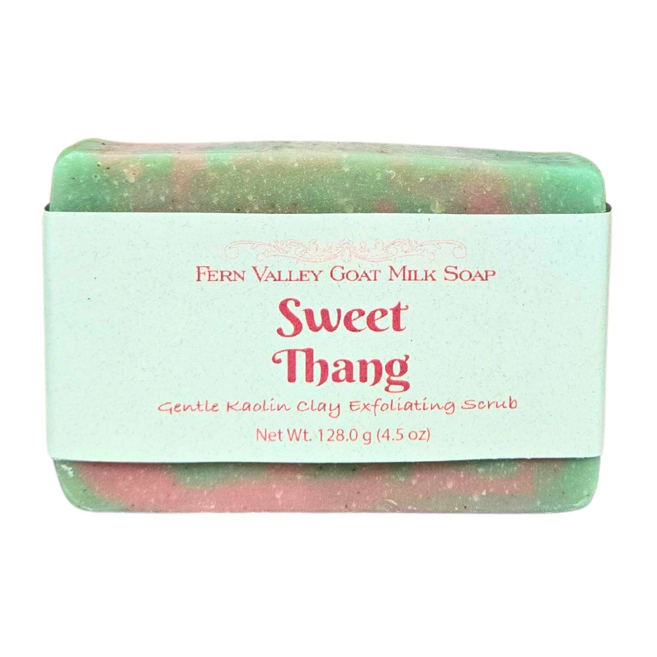 Fern Valley Soap Sweet Thang goat milk soap with exfoliating kaolin clay, showcasing a creamy soap bar with natural ingredients.