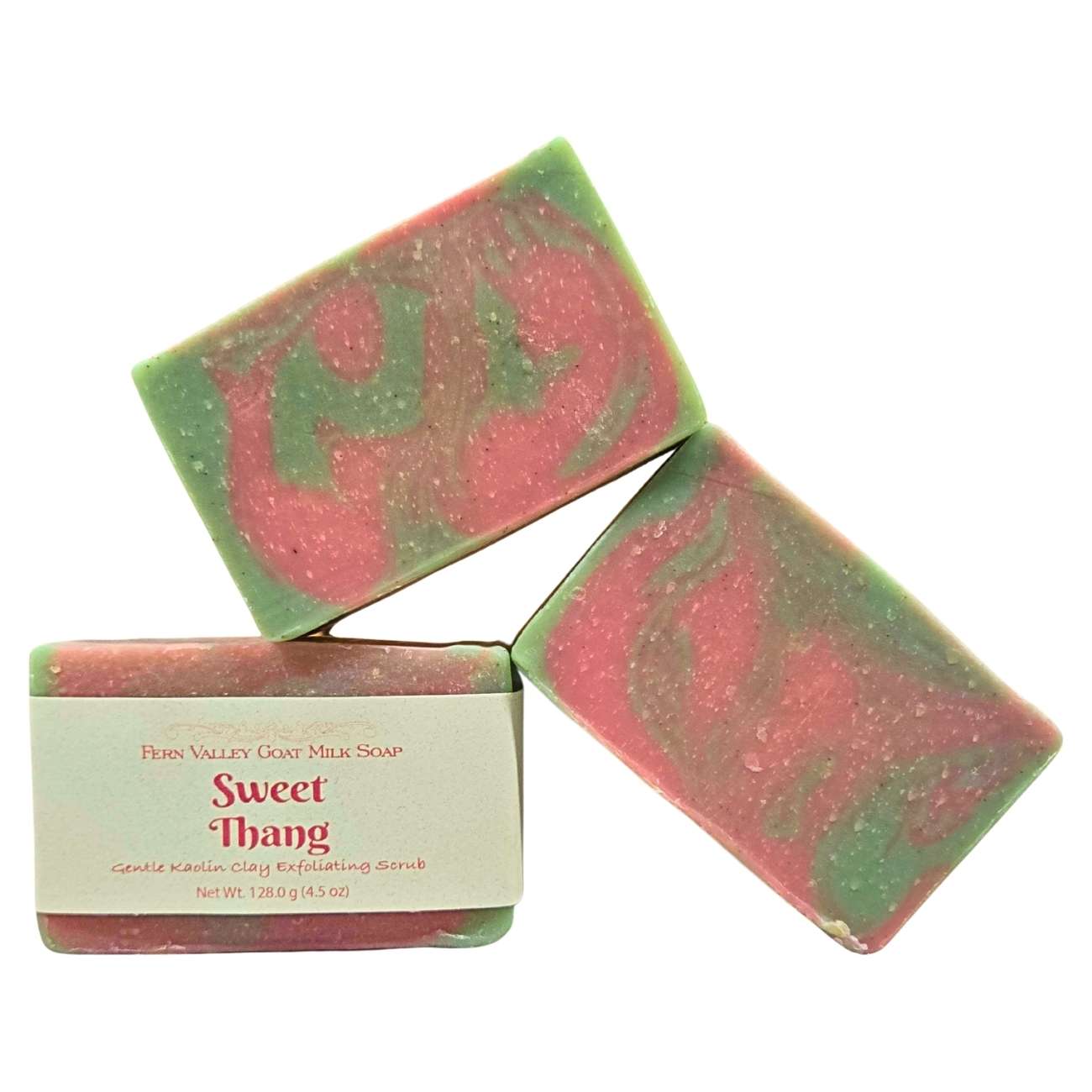 Fern Valley Soap Sweet Thang goat milk soap with exfoliating kaolin clay, showcasing a rustic soap bar with natural ingredients.