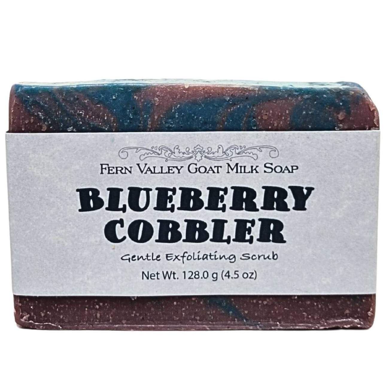 Fern Valley Goat Milk Soap with Blueberry Cobbler exfoliating scrub, showcasing a creamy soap bar with blueberry and cobbler scent.