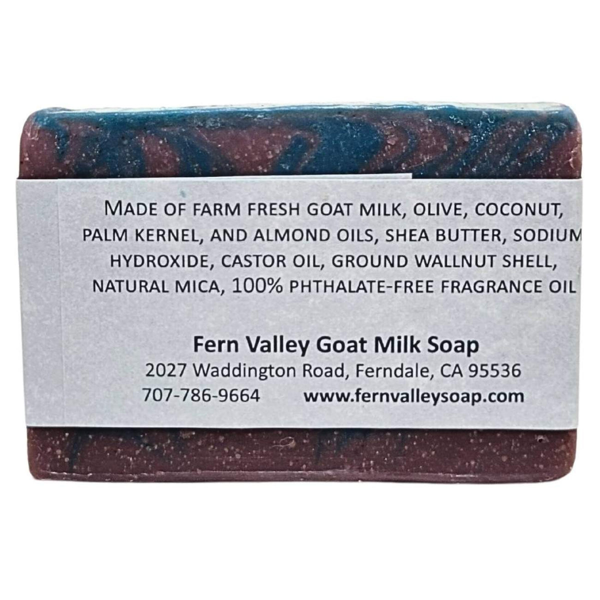 Fern Valley Goat Milk Soap with blueberry cobbler scent and exfoliating scrub texture, featuring fresh blueberries and creamy soap base.