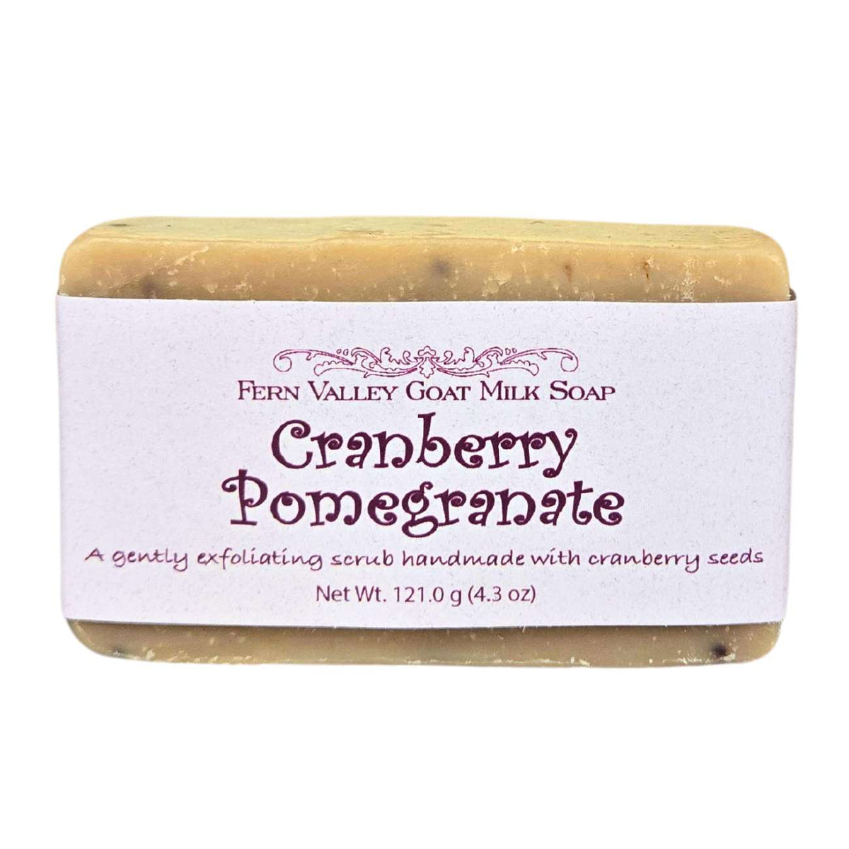 Fern Valley Goat Milk Soap with cranberry and pomegranate exfoliating scrub, showcasing the fragrant, natural soap bar with berries.