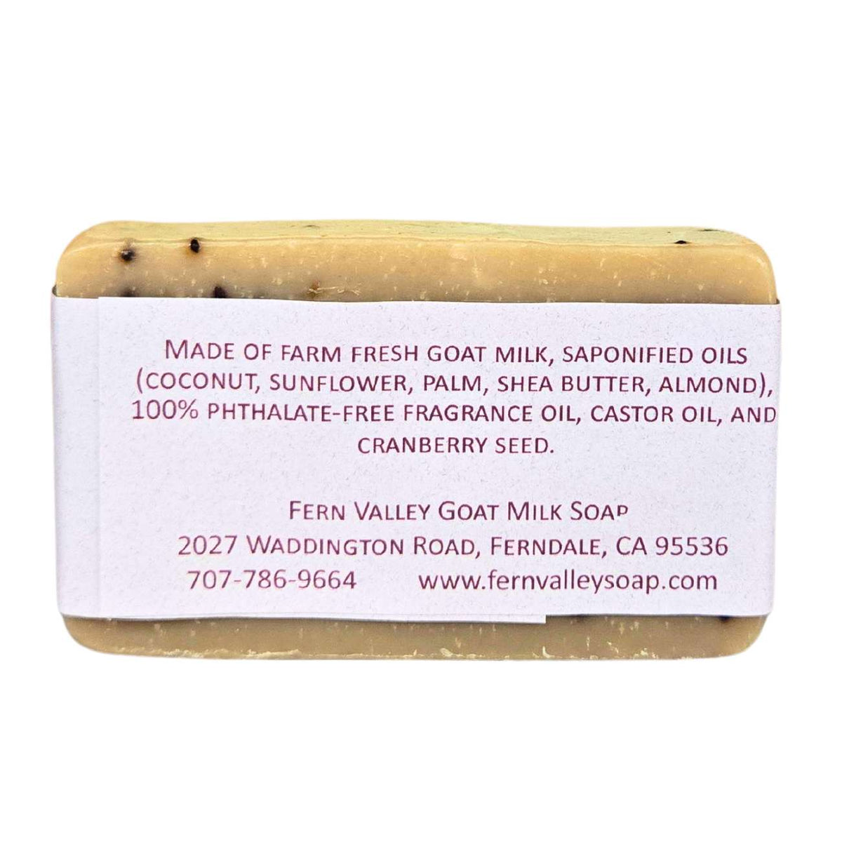 Fern Valley Goat Milk Soap with cranberry and pomegranate exfoliating scrub, showing the natural soap bar with vibrant fruit ingredients.