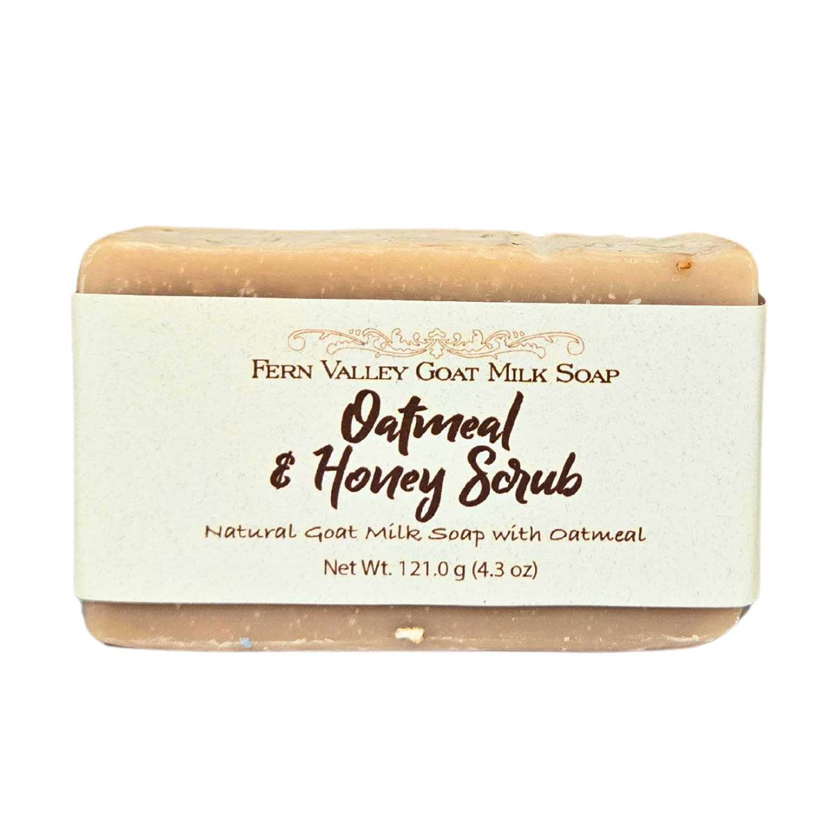 Fern Valley Goat Milk Soap with oatmeal and honey, exfoliating scrub bar showing creamy soap with oatmeal and honey ingredients.