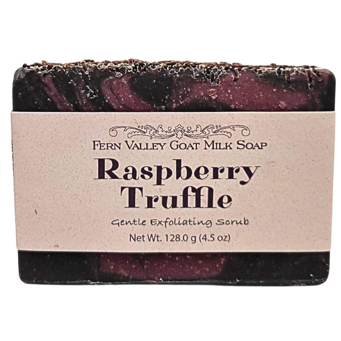 Fern Valley Soap natural goat milk soap with raspberry truffle exfoliating scrub, featuring a creamy texture and berry scent.