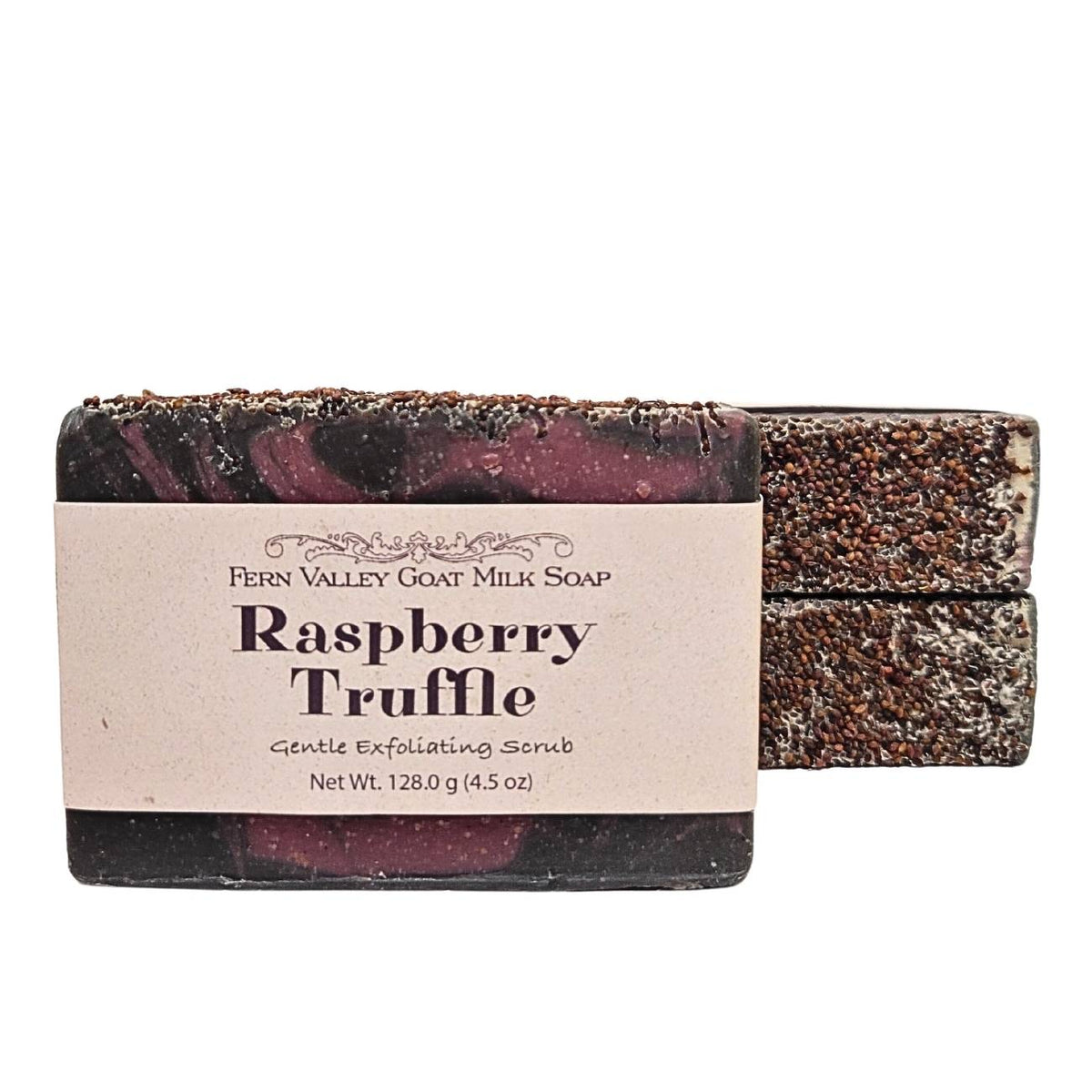 Raspberry Truffle exfoliating goat milk soap bar by Fern Valley Soap with natural raspberry and truffle scent.