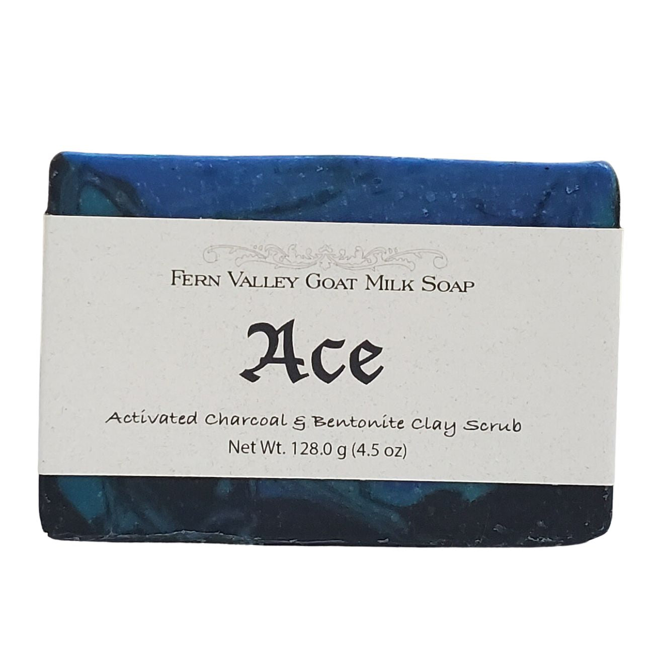Fern Valley Soap Ace natural goat milk exfoliating soap for men, showing a bar of creamy goat milk soap with exfoliating texture.
