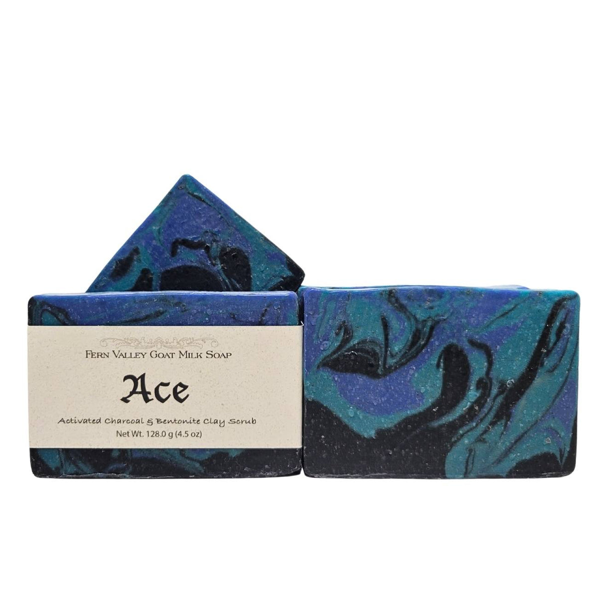 Fern Valley Soap natural goat milk exfoliating soap for men, featuring a creamy texture and rugged packaging.