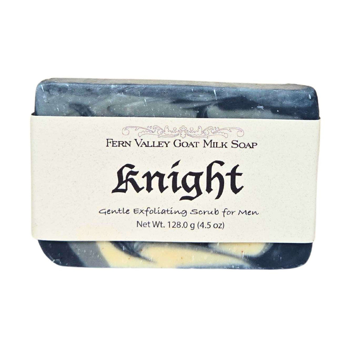 Fern Valley Soap Knight natural goat milk exfoliating soap bar for men with a rustic, textured appearance and herbal accents.