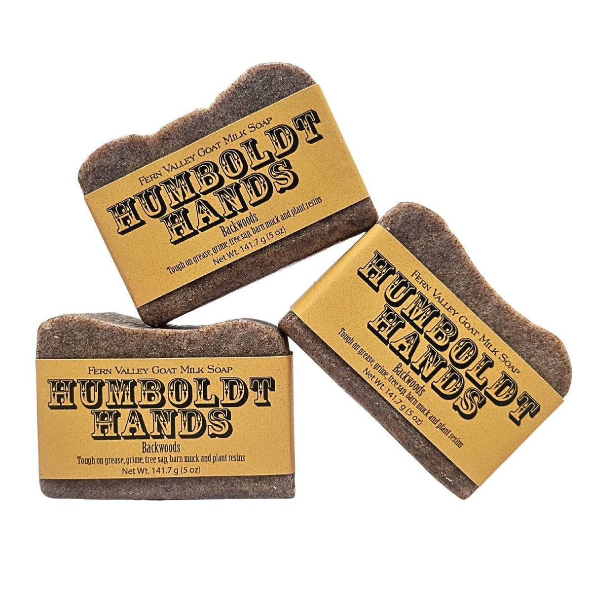Fern Valley Soap Natural Goat Milk Soap for heavy-duty hand cleaning, with Backwoods Humboldt Hands branding visible.