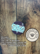 Set of Five Oaks Farm from the Farm jar covers with acorn and aster bloom designs, perfect for preserving jars.
