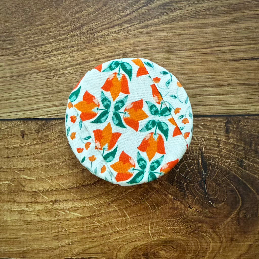 Tiny mushroom jar covers from Five Oaks Farm's From the Farm collection, featuring autumn-themed mushroom designs.