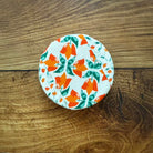 Tiny mushroom jar covers from Five Oaks Farm's From the Farm collection, featuring autumn-themed mushroom designs.