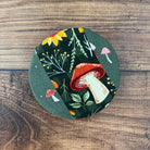 Set of Five Oaks Farm from the Farm autumn mushroom jar covers featuring tiny mushroom designs for preserving jars.