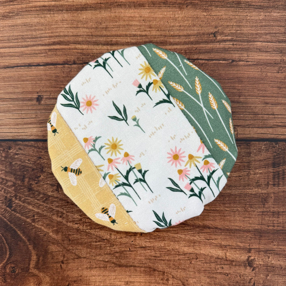 Set of Five Oaks Farm from-the-farm jar covers featuring autumn mushroom and tiny mushroom designs for preserving or decoration.