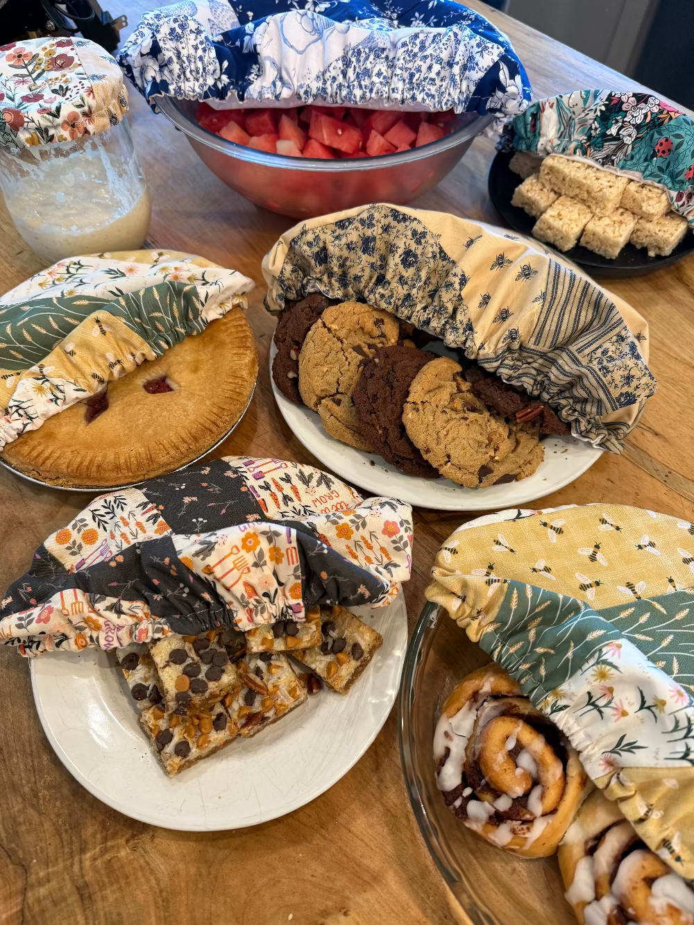 Large mushroom-shaped bowl covers from Five Oaks Farm, autumn-themed fabric covers for bowls, rustic farm style.