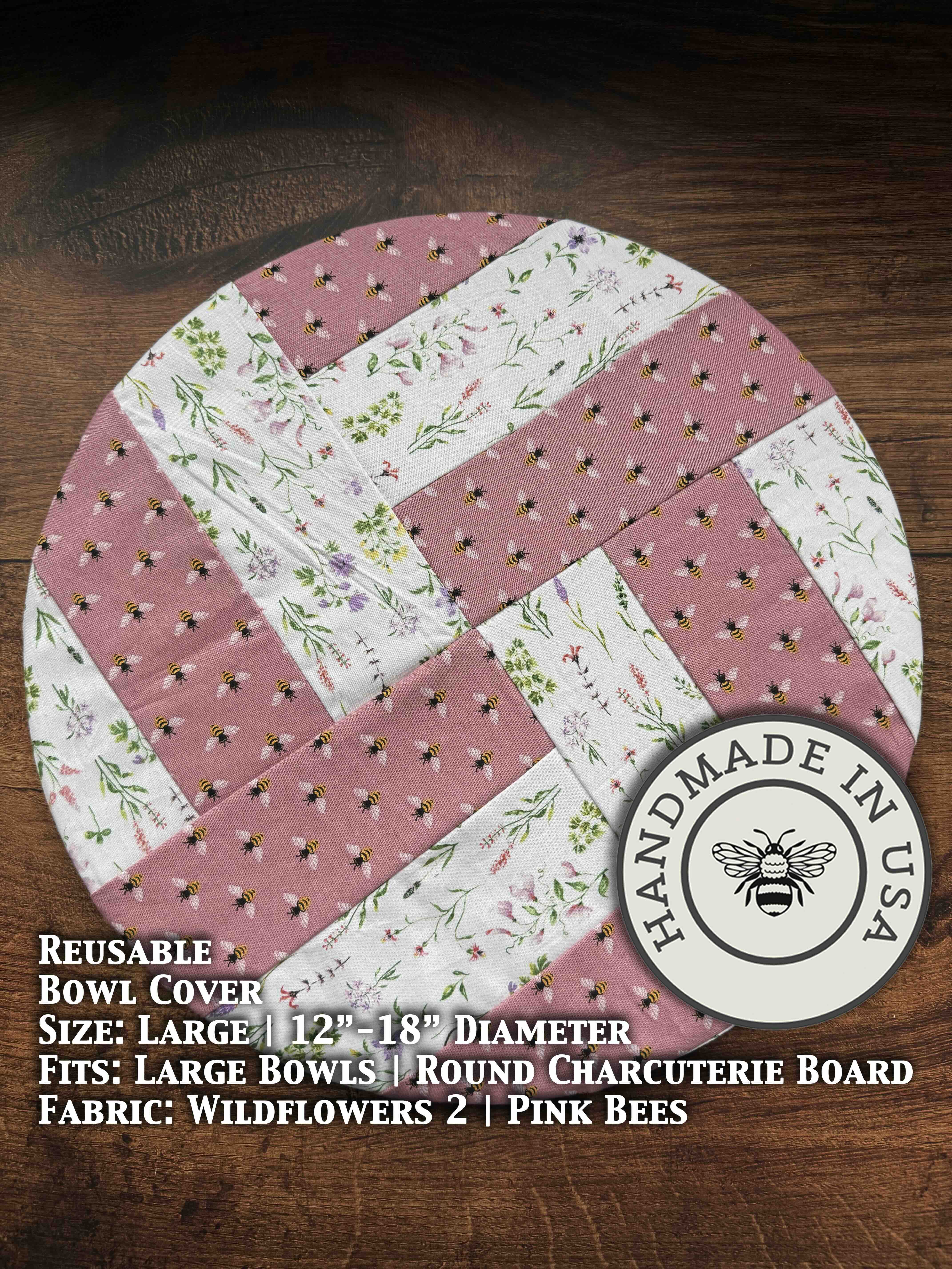 Large bowl covers from Five Oaks Farm featuring autumn mushroom and tiny mushroom designs, perfect for food storage.
