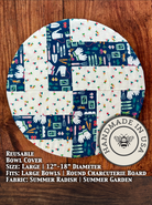 Large farm-style bowl covers from Five Oaks Farm, featuring summer radishes in a garden setting.