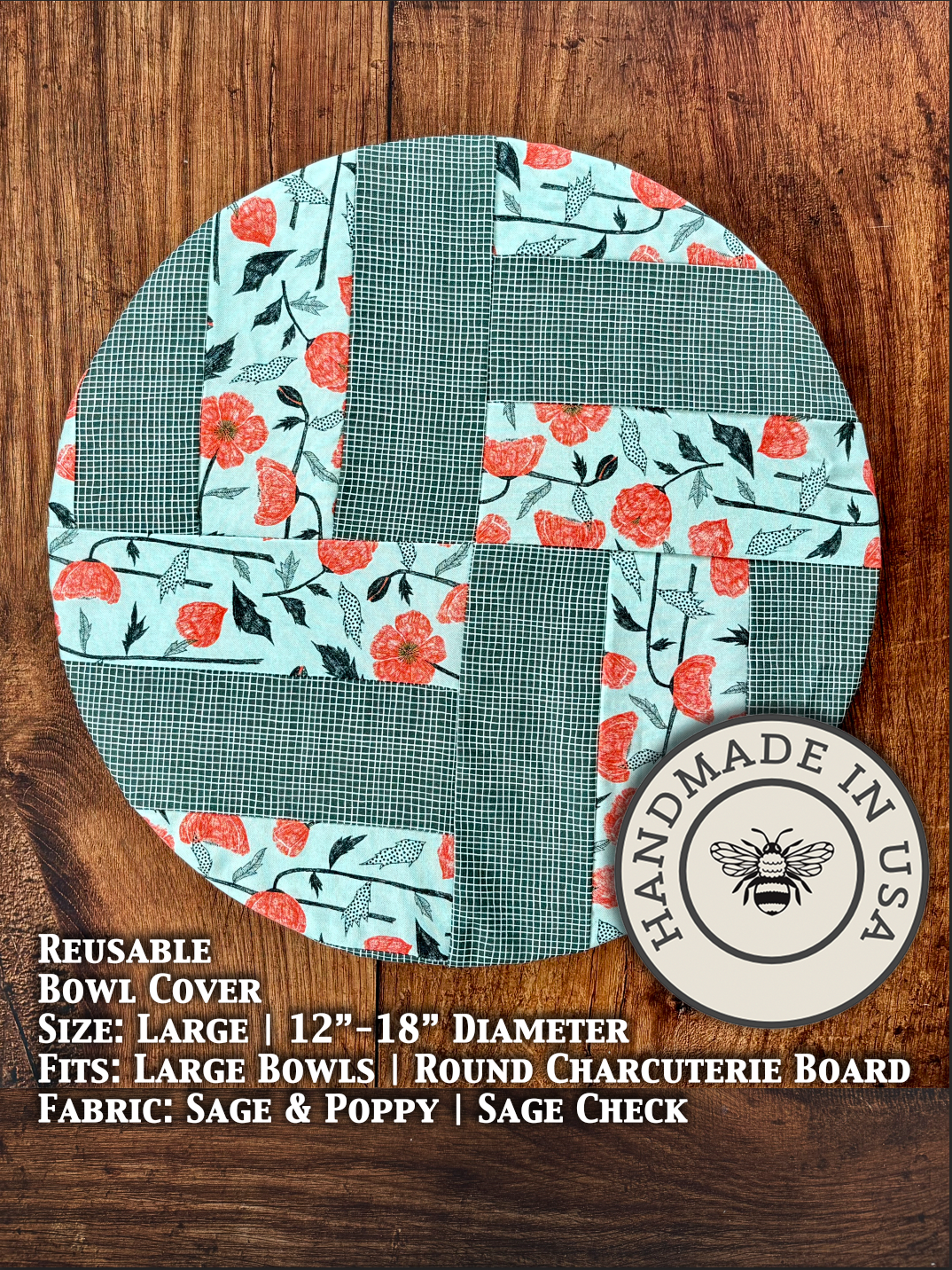 Large sage and poppy check Farm-style bowl covers from Five Oaks Farm, made of durable fabric for food storage protection.