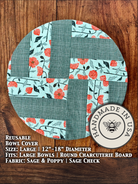 Large sage and poppy check Farm-style bowl covers from Five Oaks Farm, made of durable fabric for food storage protection.