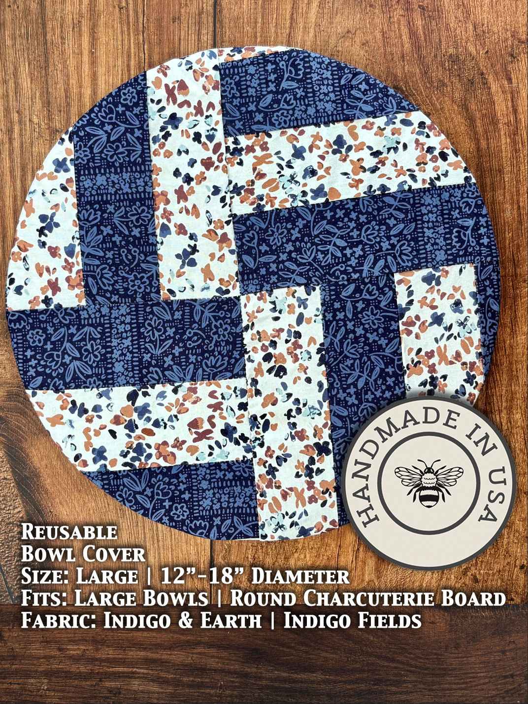 Large Indigo Earth Fields bowl cover from Five Oaks Farm, natural fabric cover for large bowls, with rustic farm style design.
