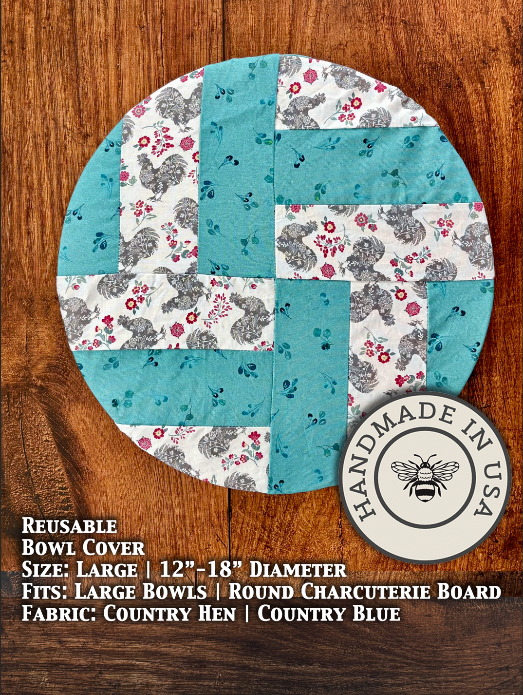 Large blue bowl cover from Five Oaks Farm's From the Farm collection, featuring rustic country hen design.