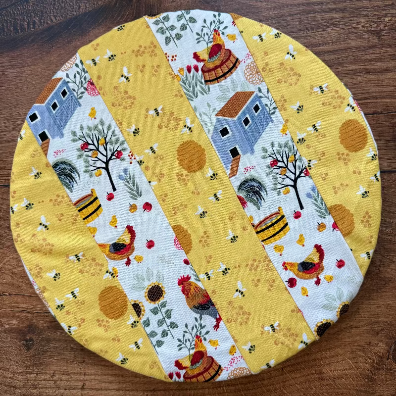 Medium bowl and banneton covers from Five Oaks Farm, featuring autumn mushroom and tiny mushroom designs for bread proofing.
