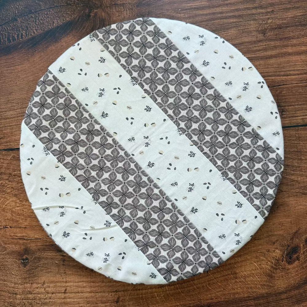 Medium bowl and banneton covers from Five Oaks Farm, with autumn mushroom design, used for bread proofing and fermentation.