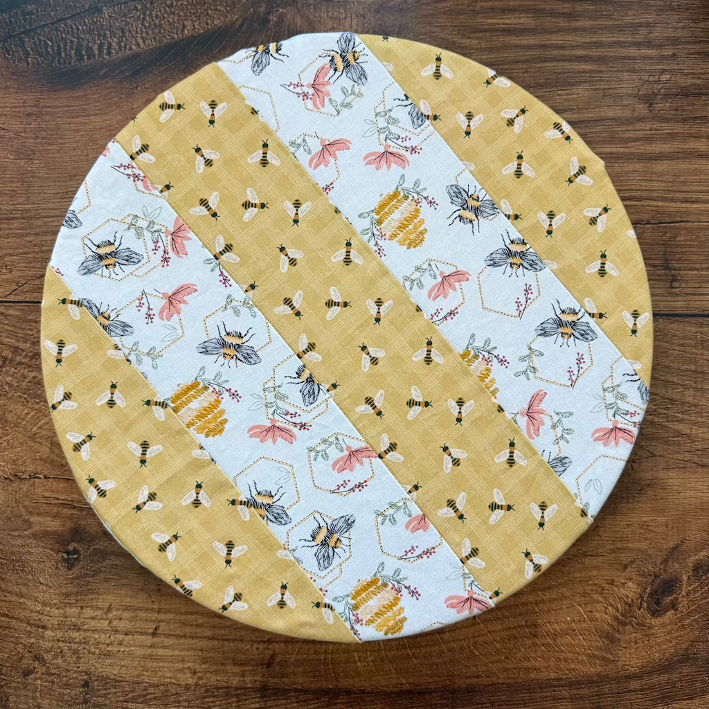 Medium bowl and banneton covers from Five Oaks Farm, featuring autumn mushroom and tiny mushroom designs for bread baking.