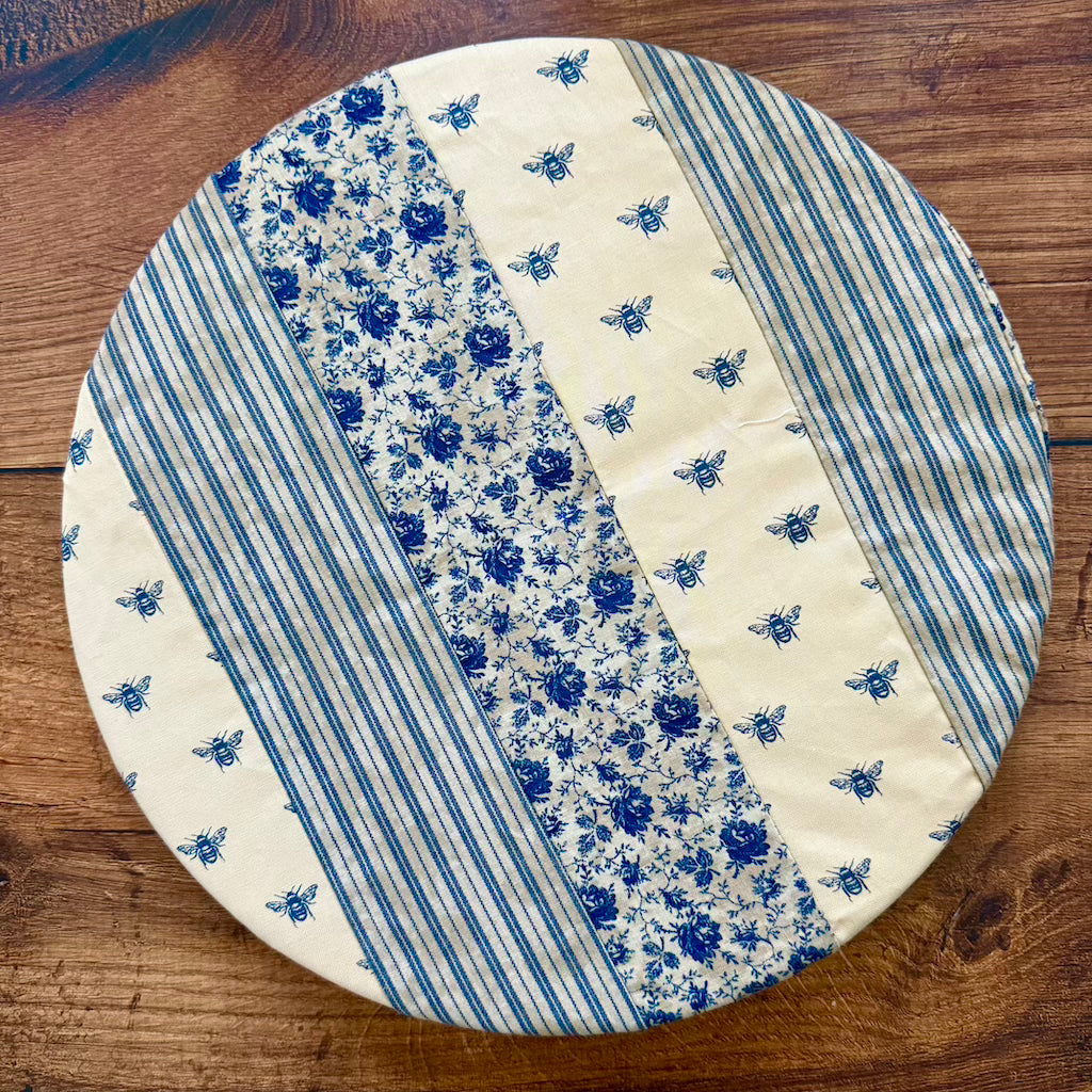 Medium bowl and banneton covers from Five Oaks Farm, featuring autumn mushroom and tiny mushroom designs for baking and bread proofing.