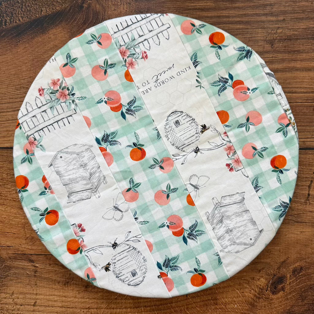 Medium bowl and banneton covers from Five Oaks Farm featuring autumn mushroom designs, perfect for baking and bread proofing.