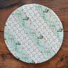 Medium bowl and banneton covers from Five Oaks Farm, featuring autumn mushroom and tiny mushroom designs, for bread baking.