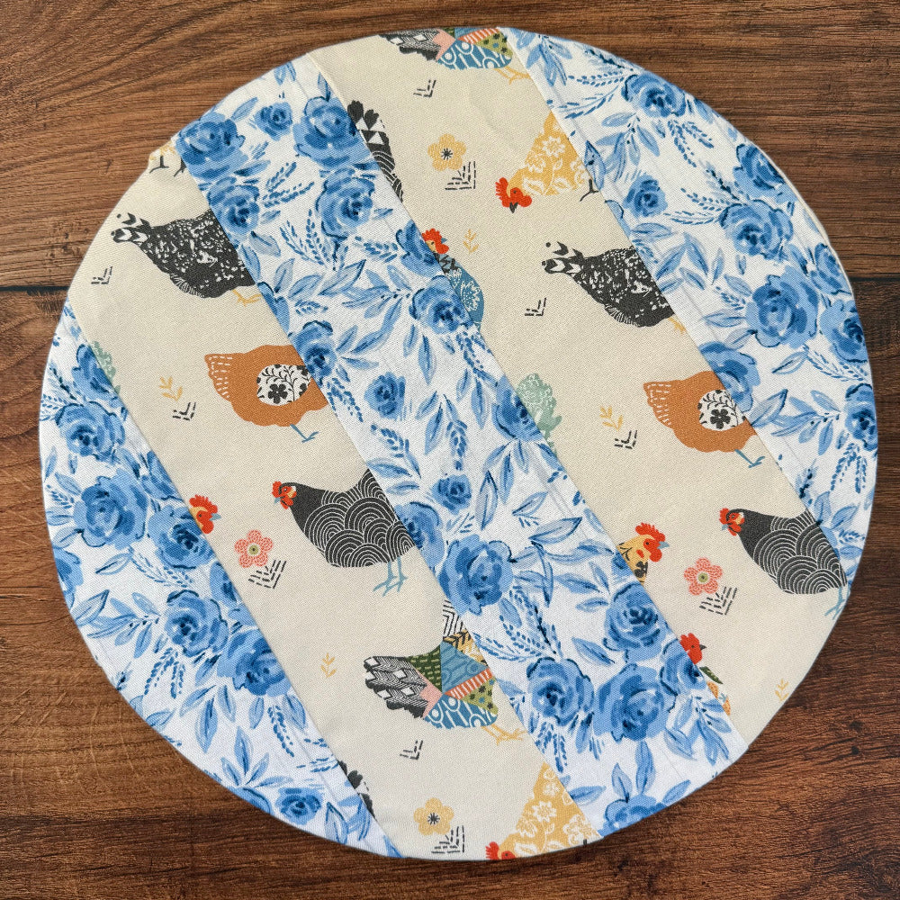Medium bowl and banneton covers from Five Oaks Farm, featuring autumn mushroom and tiny mushroom designs on natural fabric.