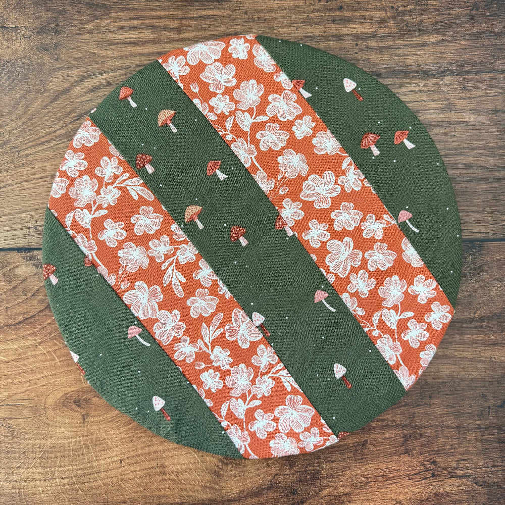 Medium bowl and banneton covers from Five Oaks Farm, featuring autumn mushroom and tiny mushroom designs.