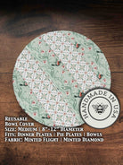 Medium bowl and banneton covers from Five Oaks Farm, featuring autumn mushroom and tiny mushroom designs for bread baking.