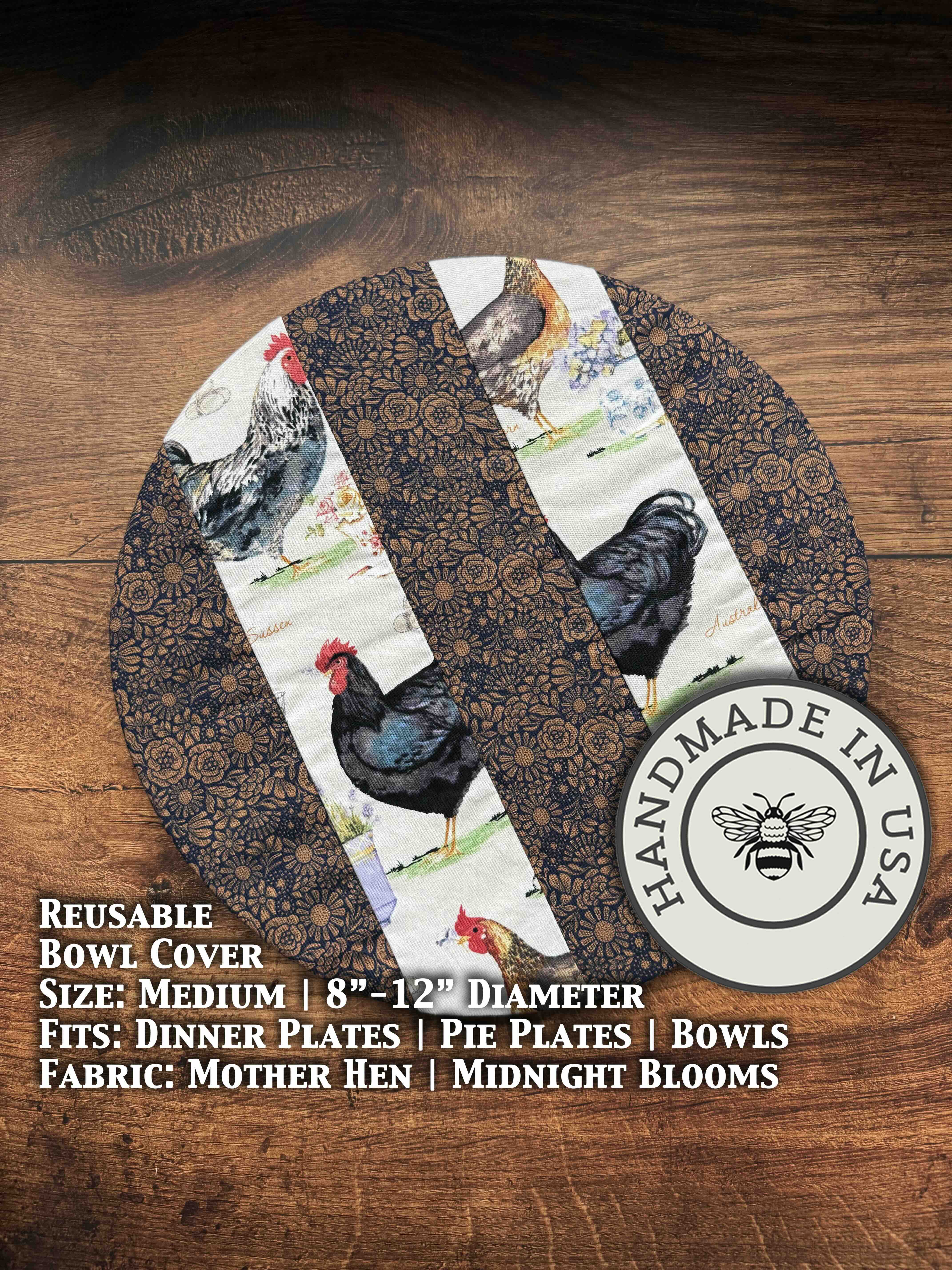Medium wooden bowl and banneton covers from Five Oaks Farm, featuring autumn mushroom and tiny mushroom designs.