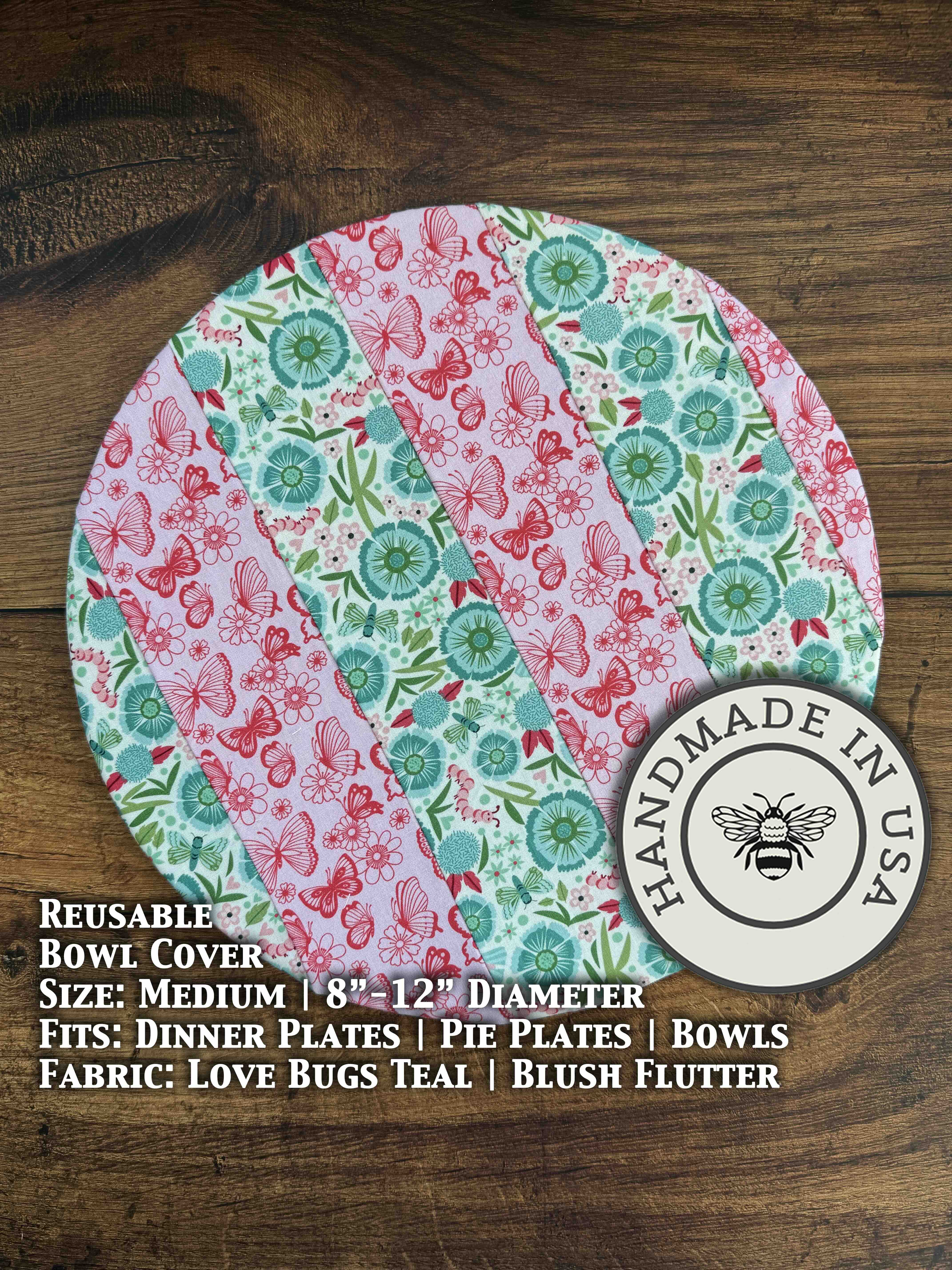 Medium bowl and banneton covers from Five Oaks Farm, featuring autumn mushroom and tiny mushroom designs, for bread proofing.