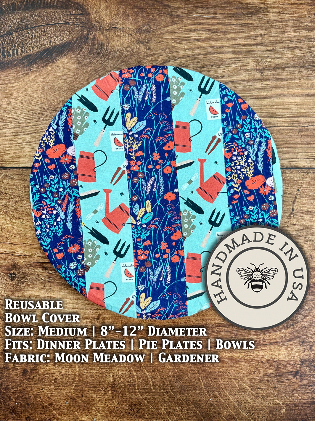 Medium bowl and banneton covers from Five Oaks Farm, with a Moon Meadow Gardener design, used for bread proofing and baking.