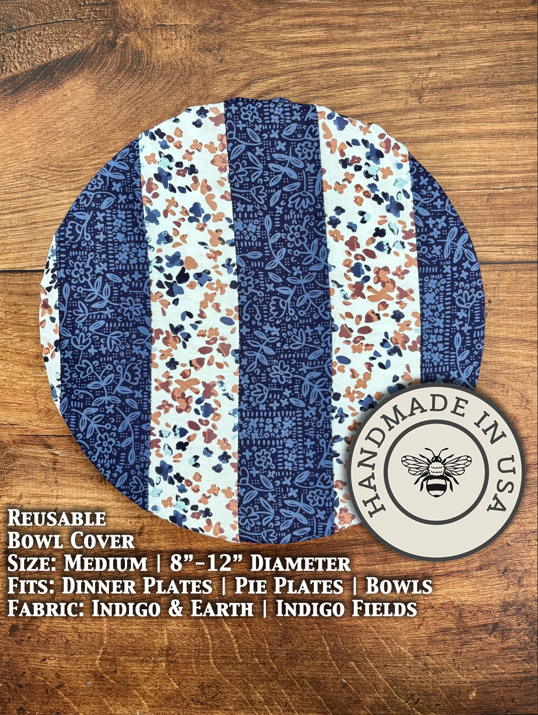 Medium bowl and banneton covers from Five Oaks Farm, featuring indigo and earth-tone patterns, ideal for baking and bread rising.