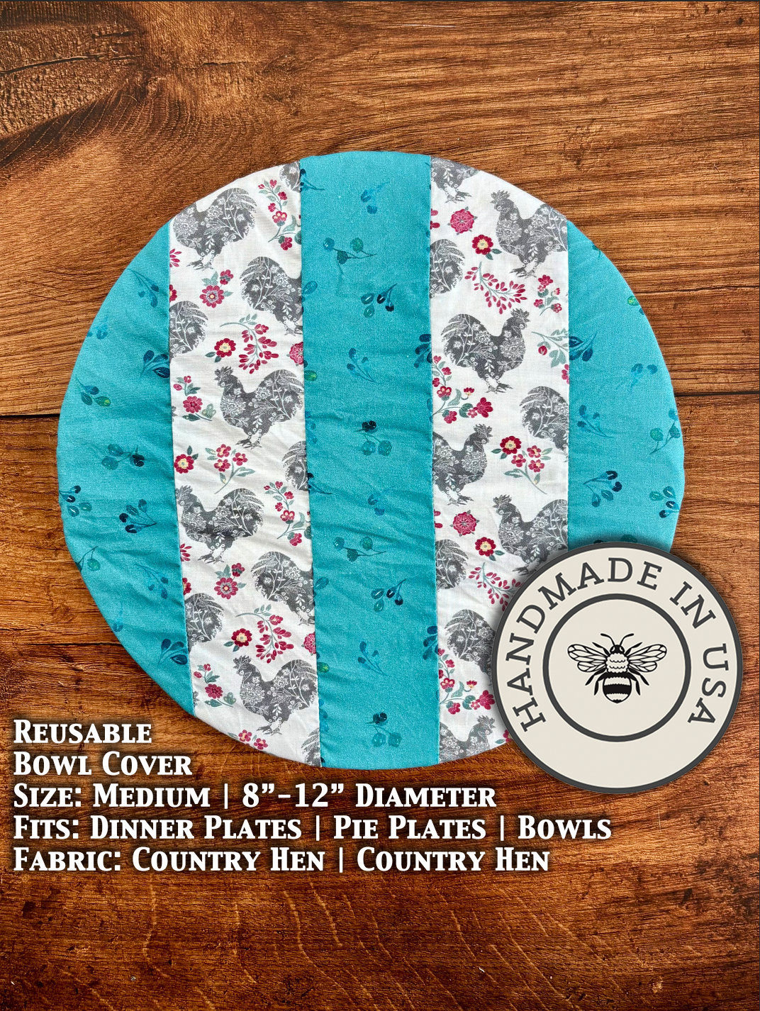 Medium blue country hen-themed bowl and banneton covers from Five Oaks Farm, perfect for bread baking and kitchen decor.