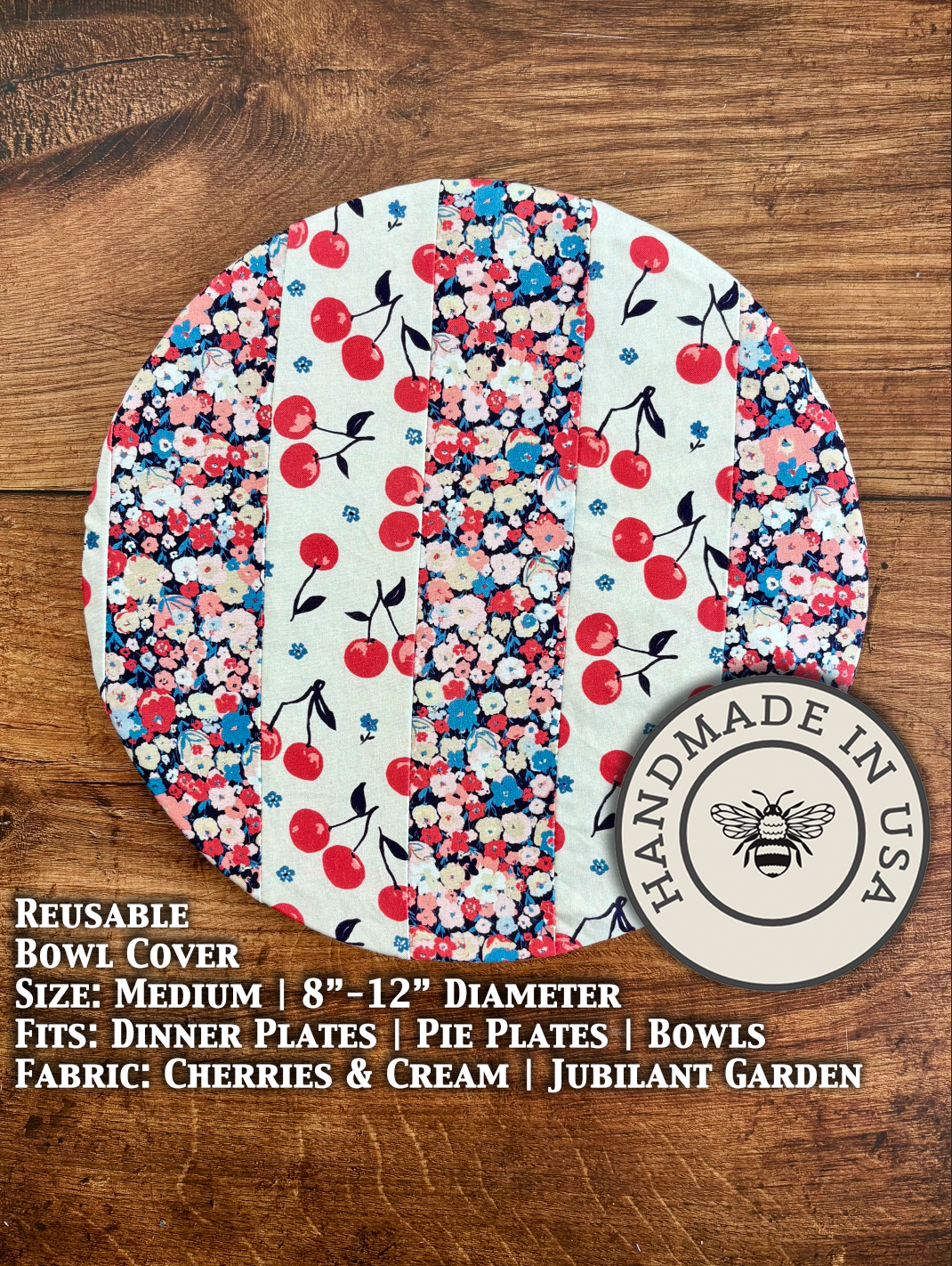 Medium bowl and banneton covers from Five Oaks Farm with cherries and cream, perfect for baking and bread rising.