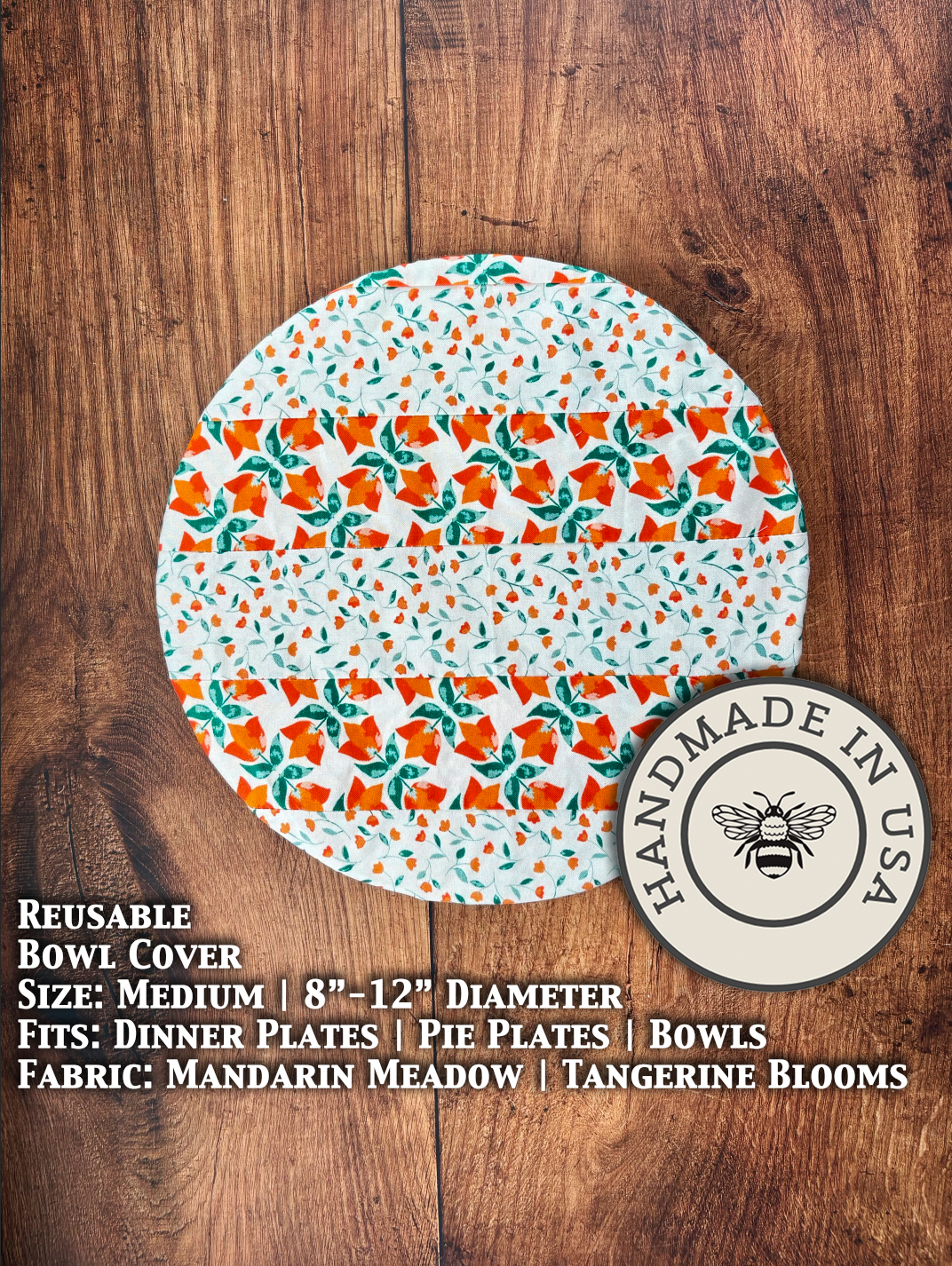 Manadrin Meadow Tangerine blooms on a Medium Bowl and Banneton Covers from Five Oaks Farm, featuring floral embroidery and natural textures.