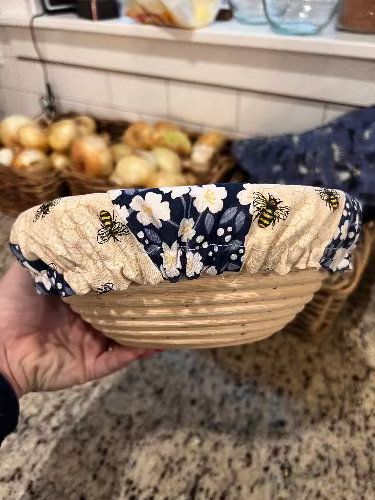 Small mushroom-shaped bowl and banneton covers from Five Oaks Farm, featuring autumn-themed farm-inspired design.