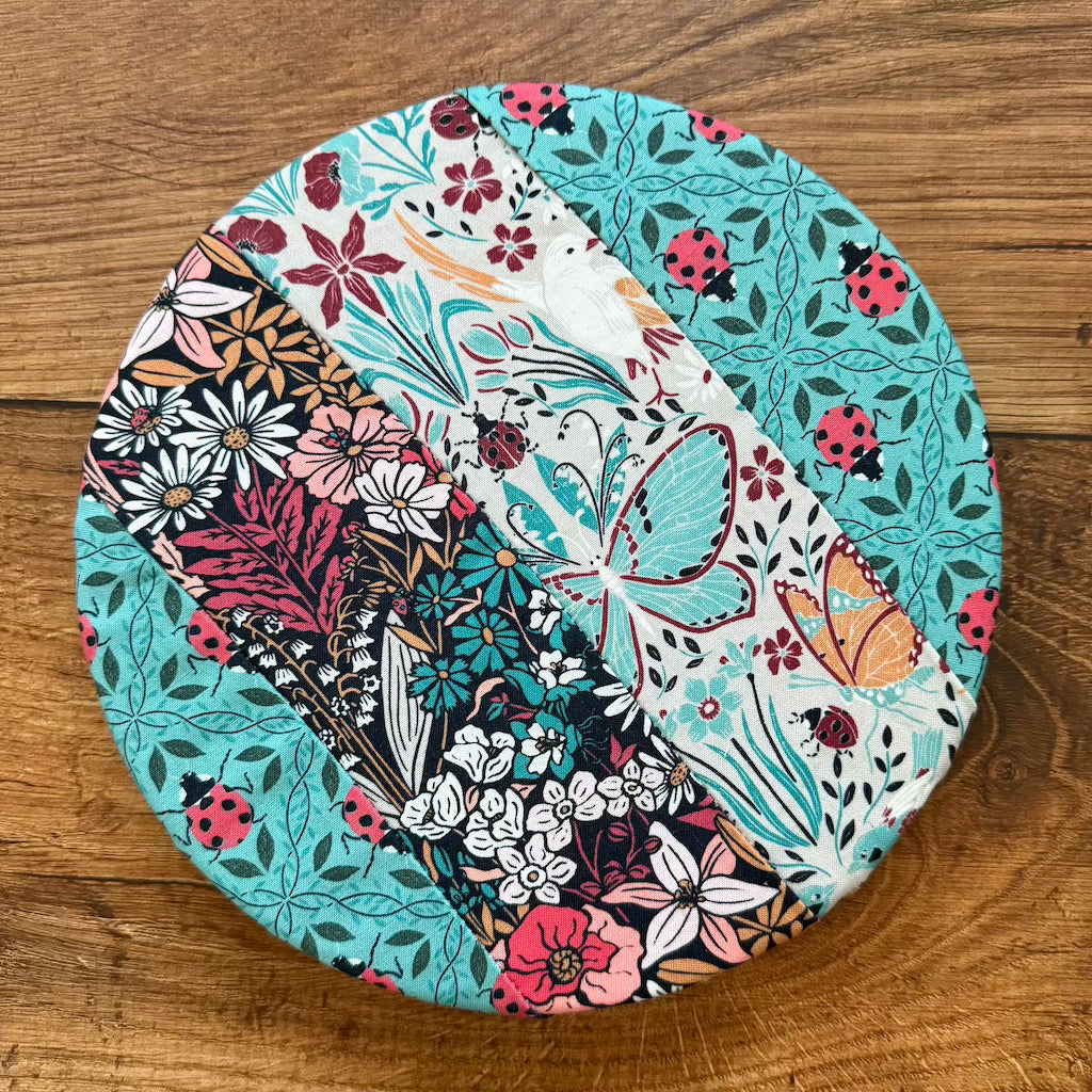 Small ceramic bowl and banneton covers from Five Oaks Farm with autumn mushroom and tiny mushroom designs, rustic kitchen decor.
