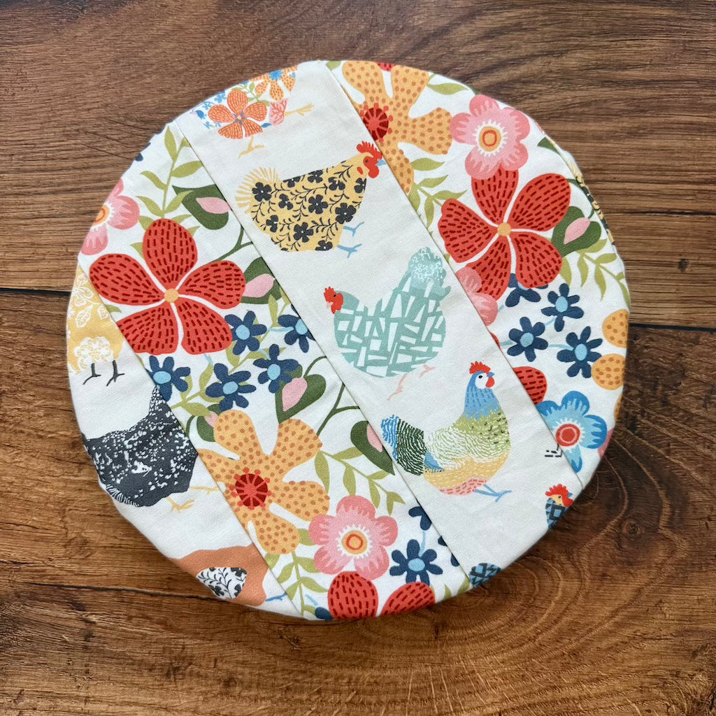 Small bowl and banneton covers from Five Oaks Farm, featuring autumn mushroom and tiny mushroom designs, for bread proofing.