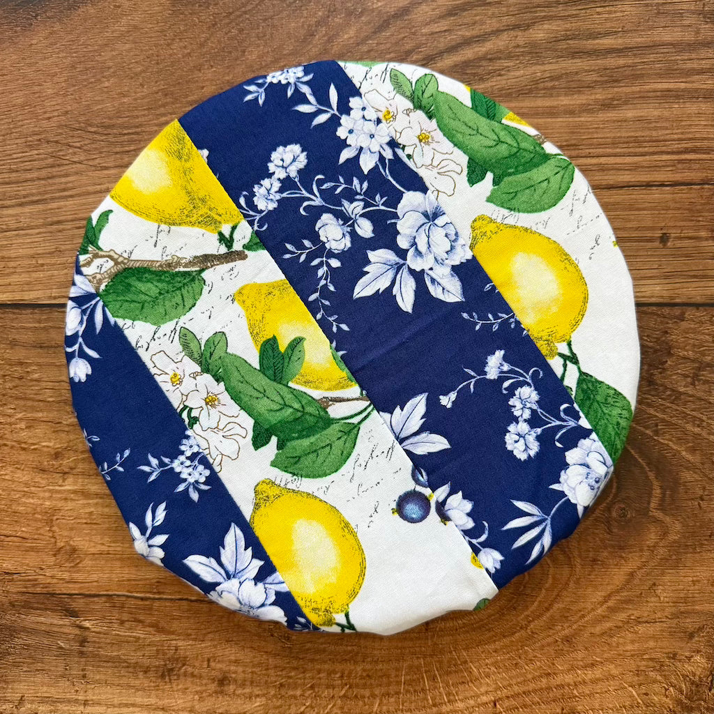 Small bowl and banneton covers from Five Oaks Farm, featuring autumn mushroom and tiny mushroom designs, for bread proofing and serving.