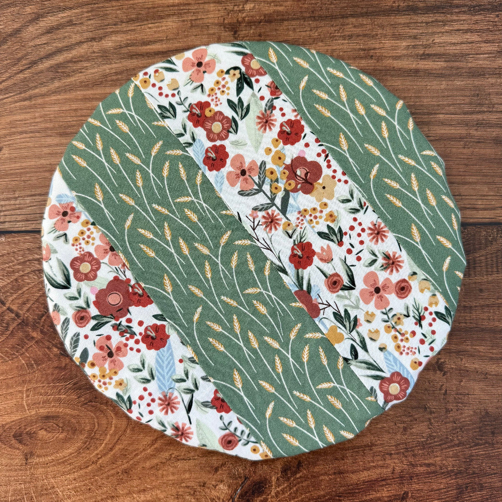 Small bowl and banneton covers from Five Oaks Farm, featuring autumn mushroom designs for rustic bread baking.