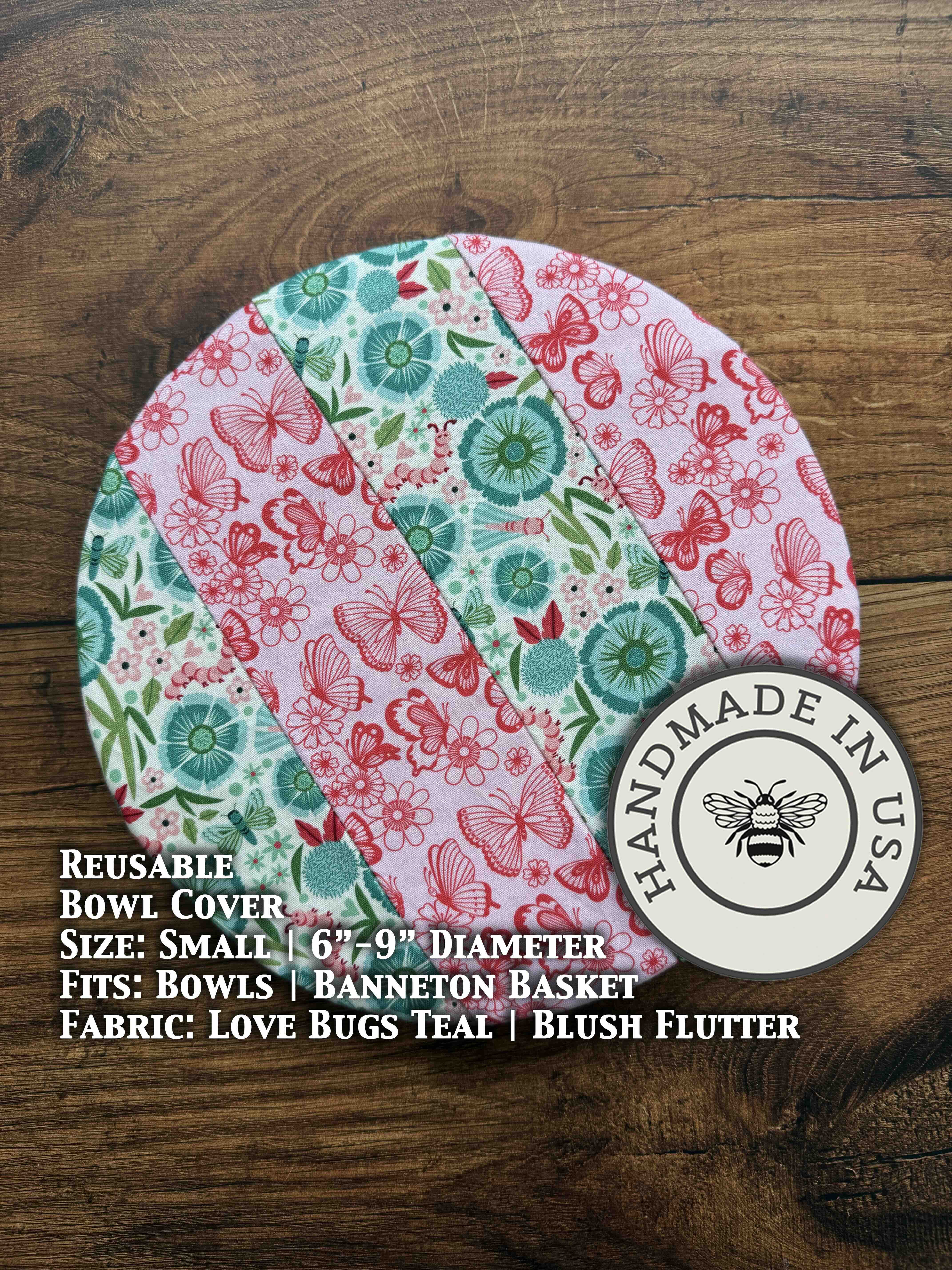 Small bowl and banneton covers from Five Oaks Farm, featuring autumn mushroom and tiny mushroom designs for artisanal baking.