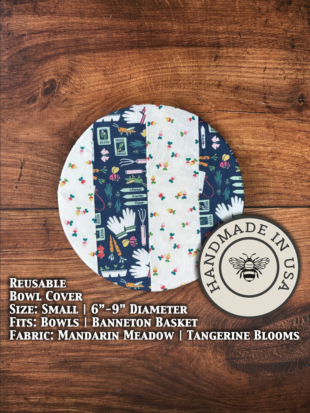 Small farm-style bowl and banneton covers from Five Oaks Farm, featuring summer radish garden scene in a natural setting.